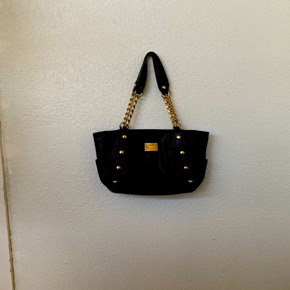 Large Black Leather Michael Kors Purse with Gold Chain Link Straps